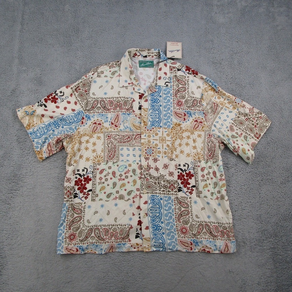 Maison Article Rose Paisley Rayon Shirt Mens XL Tan Short Sleeve